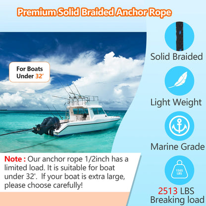 1/2 Inch 50 FT Anchor Rope, Boat Anchor Rope Solid Braid MFP, Anchor Line with 316 Stainless Steel Thimble and Snap Hook - Black & Lake Blue
