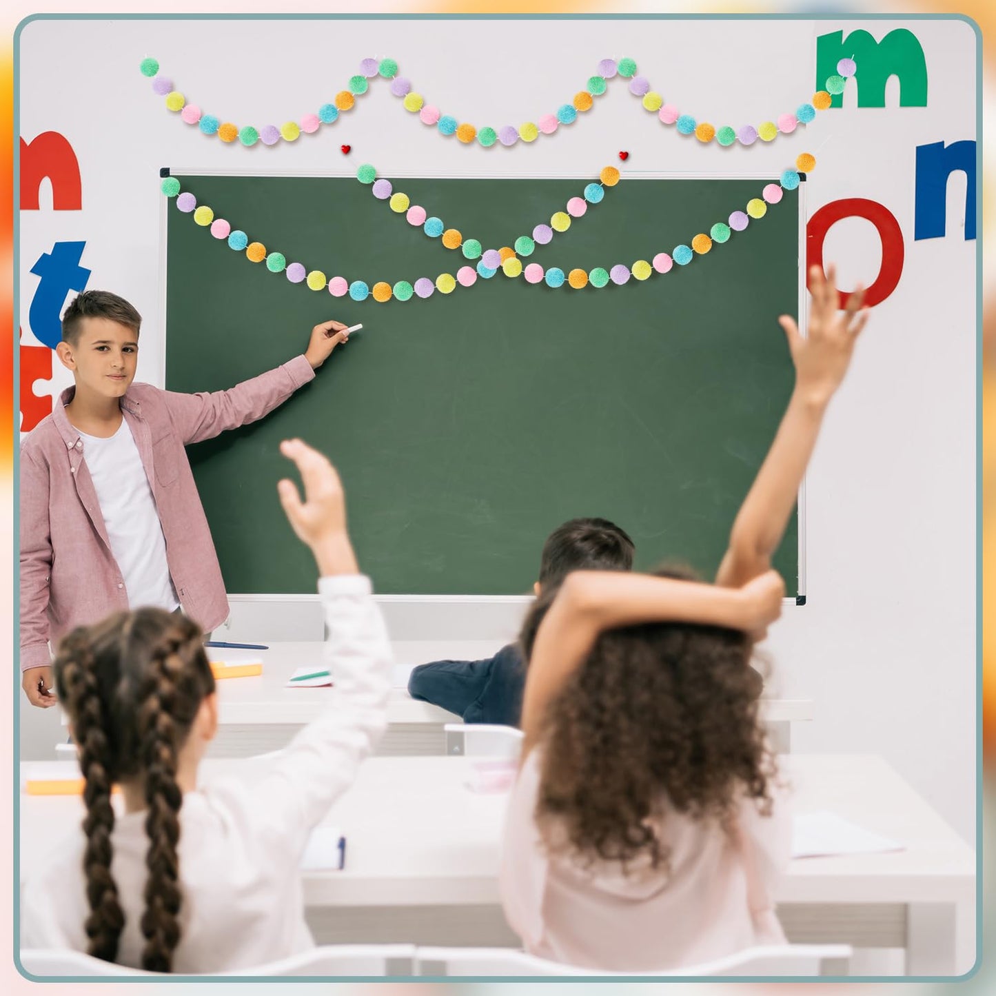 WILLBOND 2 Pieces Wool Felt Rainbow Ball Garland Colorful Pom Pom 6.5 ft Long 24 Ball Garland for Easter Mardi Gras Classroom Halloween Thanksgiving Xmas (Pastel Colors)