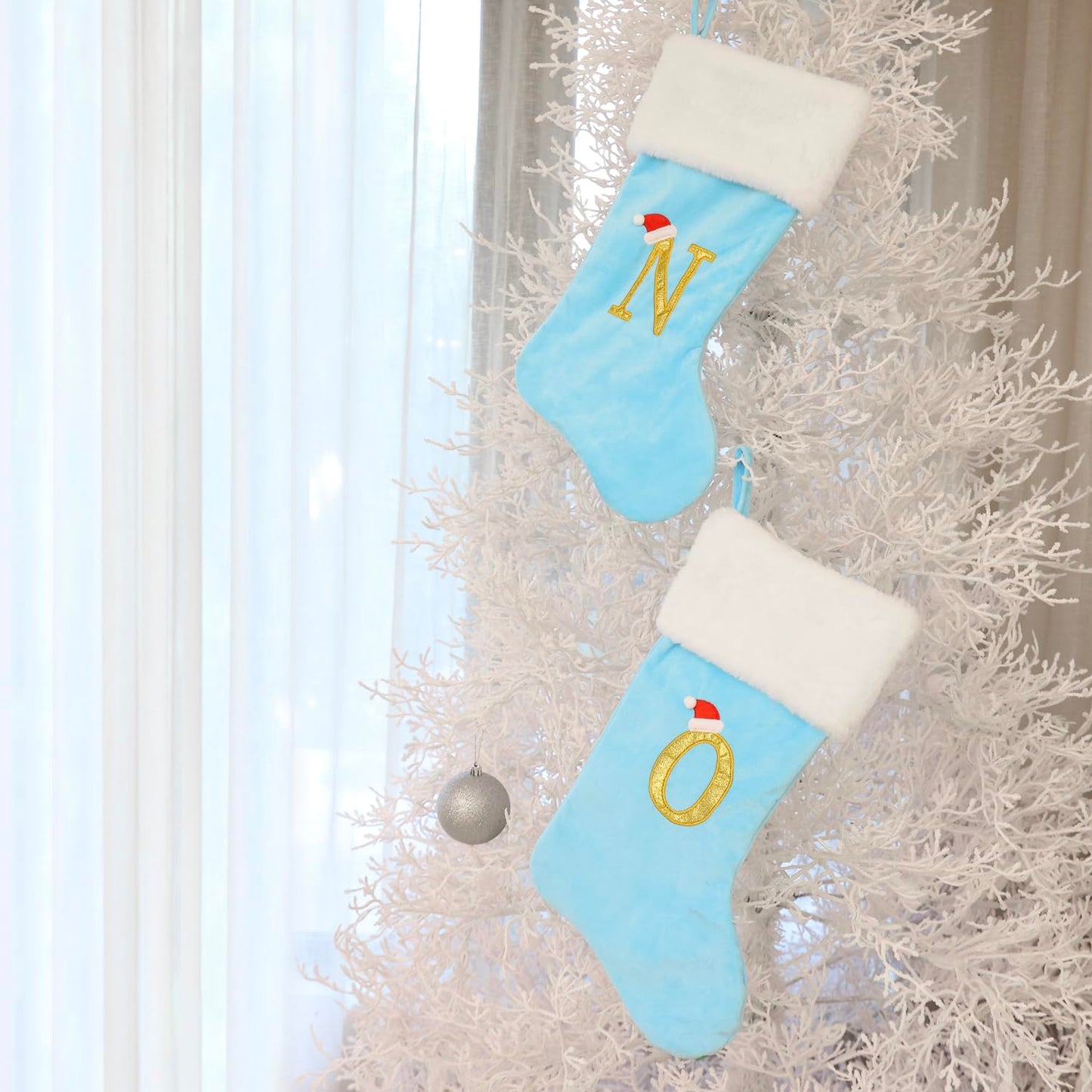 AUAWMLK 20-Inch Letter Embroidered Christmas Stocking Thick and Luxurious Light Blue Velvet with Super Soft Plush Cuff Personalized Festival Decoration for Xmas and New Year Party(Letter V)