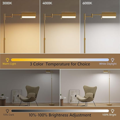 SUNMORY Dimmable LED Pharmacy Floor Lamp, 16W Bright Reading Floor Lamp with Remote & Touch Control, 350°Swing Arm, Adjustable Task Craft Standing Lamp for Living Room Bedroom Office, Gold