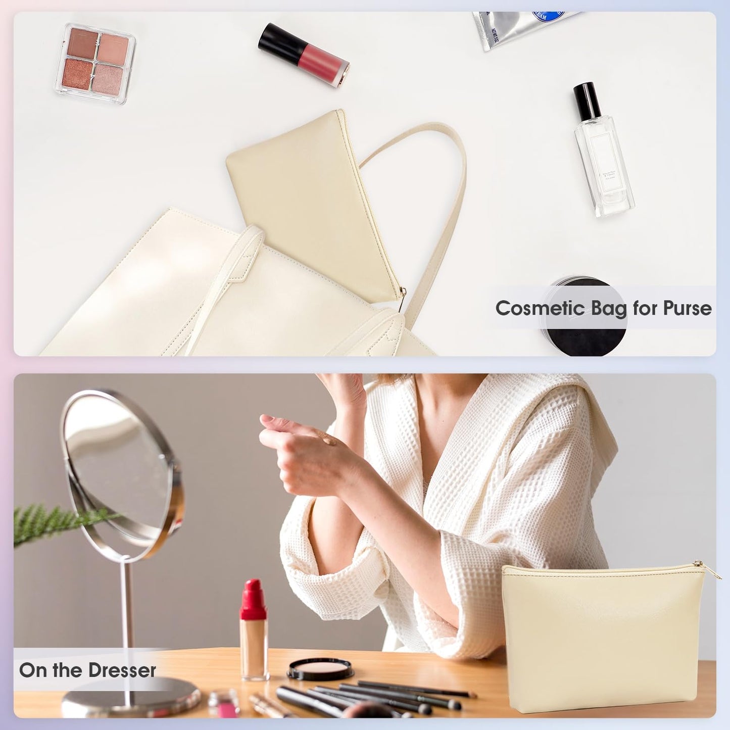 Wandering Nature Makeup Bag Small Cosmetic Bag for Purse 2 Pack Small Make Up Pouch Vegan Leather Cute Travel Pouch with Zipper for Women,Beige