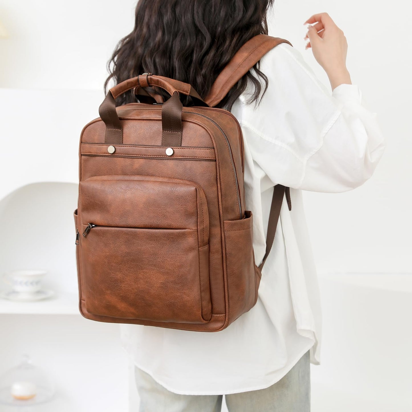 Rcrirth PU Leather Laptop Backpack Women for Travel | 17 Inch Laptop Bag for Women - Large Capacity Teacher Nurse Computer Bag for Work College School (Brown)
