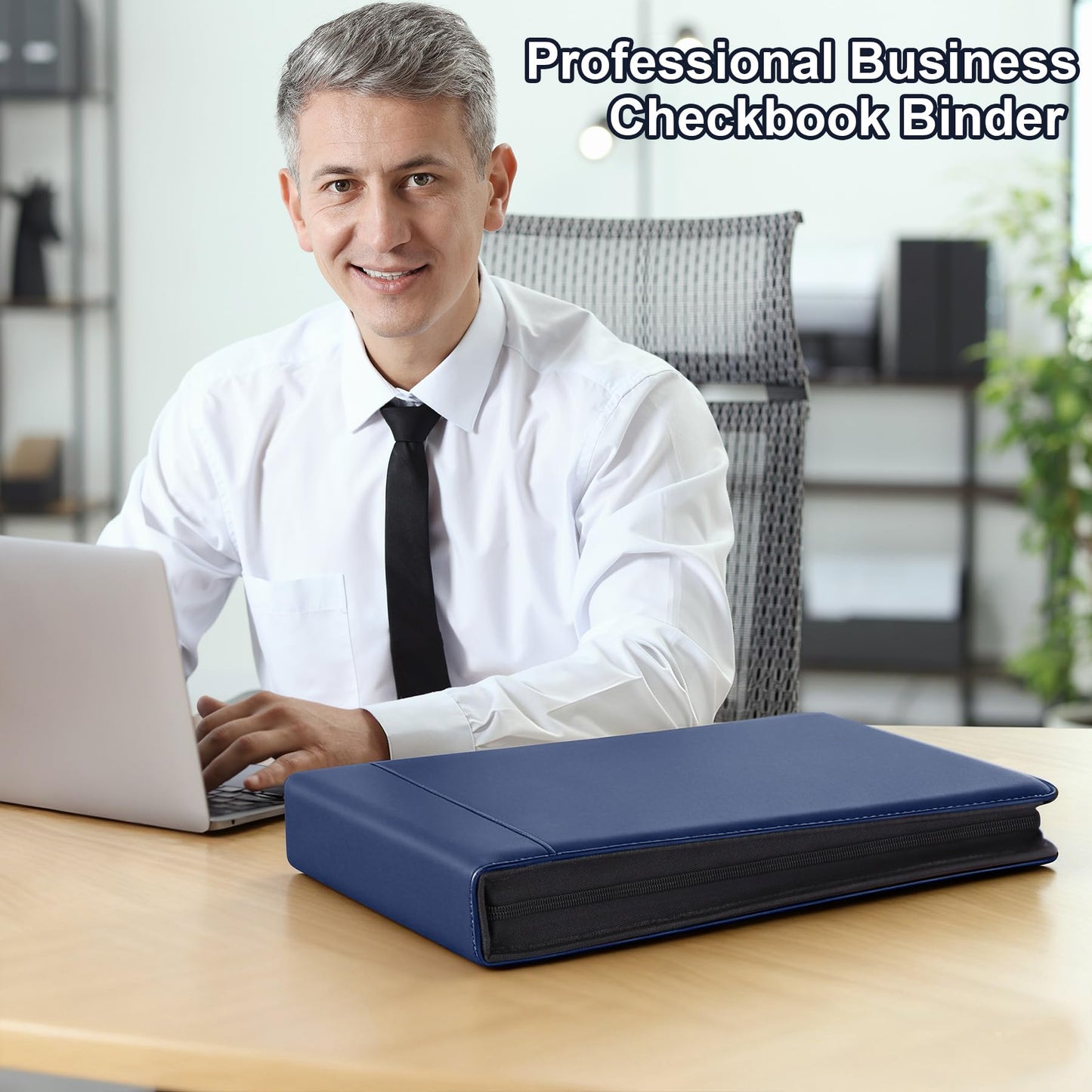 Antner Zippered 7 Ring Business Checkbook Binder Portfolio for 3-on-a-Page Business Checks, 600 Checks Capacity, PU Leather Check Binder Cover with Zipper Pouch & Dividers for 9x13 Sheets, Navy Blue