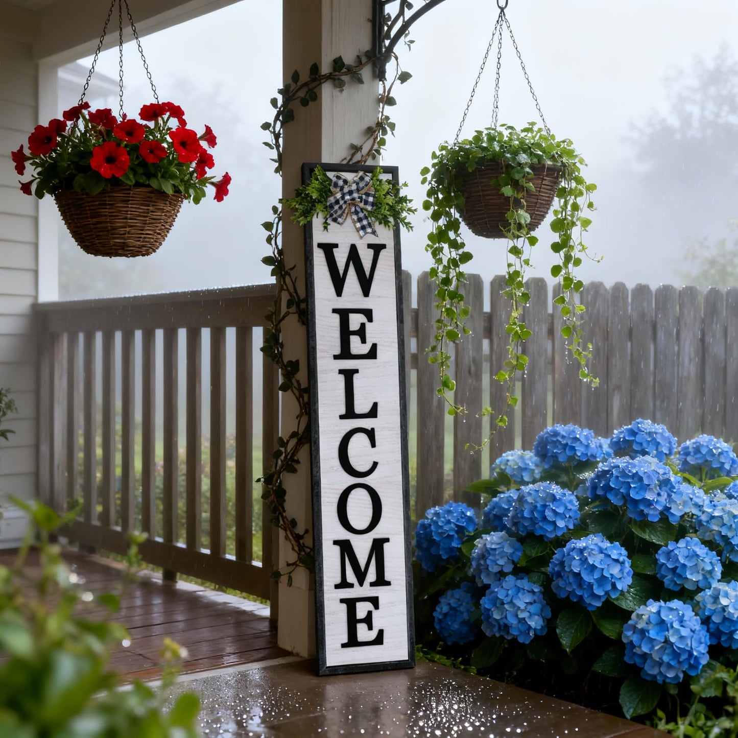 3D Outdoor Welcome Sign for Front Porch Standing 45"X9" Large Rustic Farmhouse Leaner Tall Vertical Soild Wooden Framed Plaque Modren Beautiful Outside Home Front Door Decorations (Black)