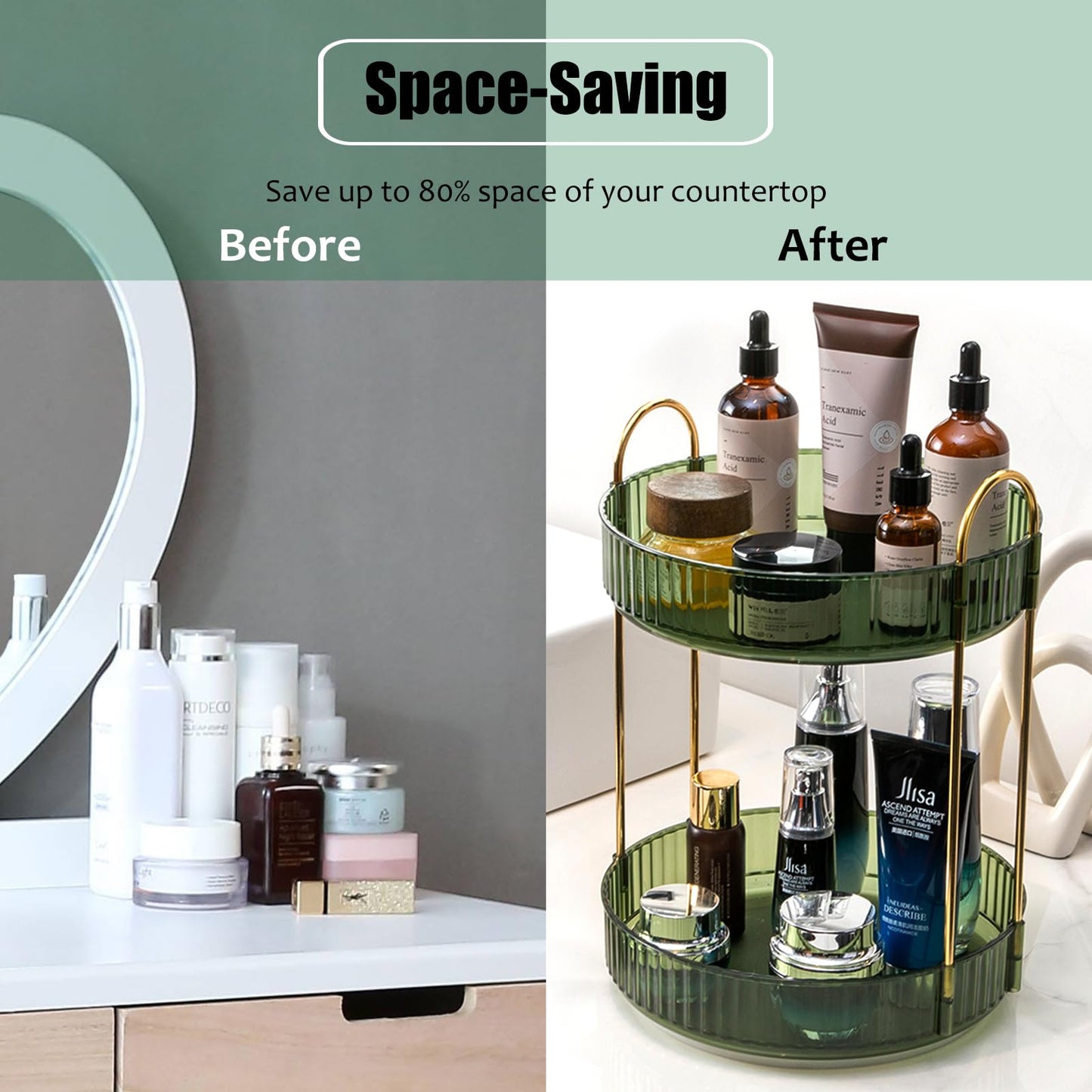Zufudo Rotating Makeup Organizer Countertop 2 Tier Lazy Susan Trays Clear Skincare Perfume Storage for Bathroom Counter Vanity, Green Gold