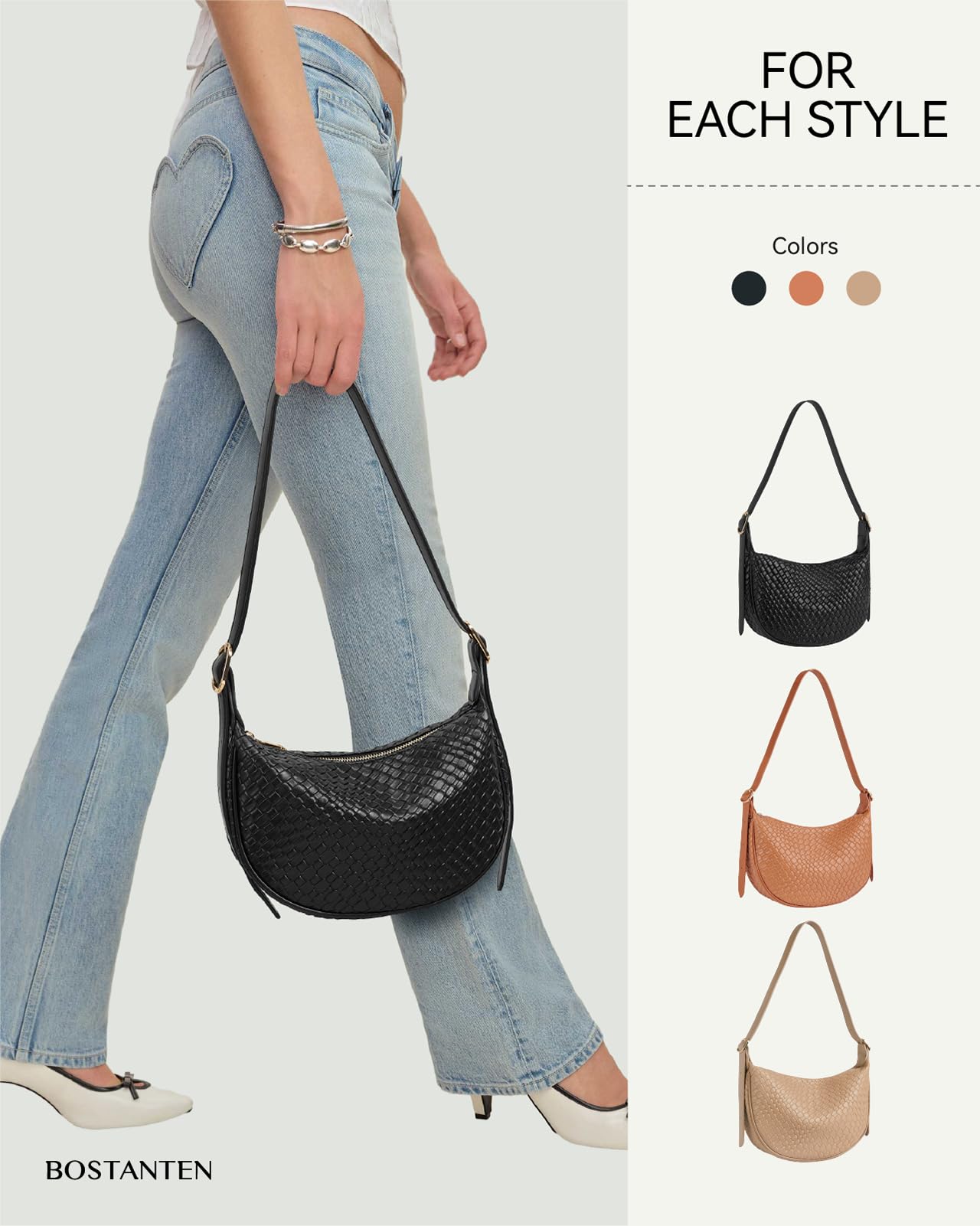 BOSTANTEN Purses for Women Crescent Crossbody Bag Vegan Leather Shoulder Hobo Handbag Adjustable Strap, Small Black