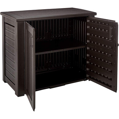 Rubbermaid Decorative Outdoor Storage Cabinet (123 Gal) Weather Resistant Dark Brown Organization for Home/Backyard/Pool Chemicals/Toys/Garden Tools/Porch/Patio Cushions