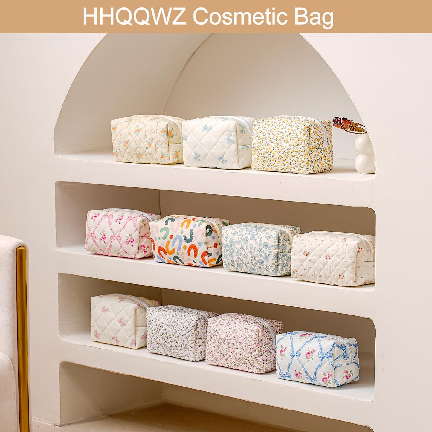 HHQQWZ Makeup Travel Cosmetic Bag, Two Pack: Pink+Blue Floral, Zipper Closure, Durable Polyester, Perfect for Toiletry, Makeup, Travel