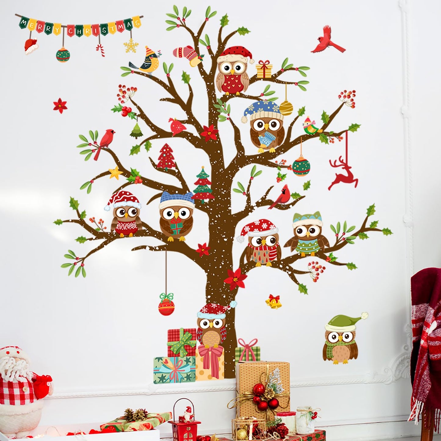 Christmas Tree Wall Stickers Vinyl Cute Owl Wall Decals Peel and Stick Decal for Home Office Walls Windows Doors Christmas Decor (35.43inch x 11.81inch, 3 Sheets)