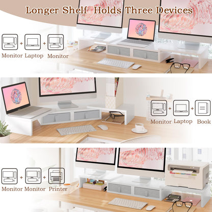 TEAMIX Dual Monitor Stand Riser - Length and Angle Adjustable White Monitor Stand with 2 Drawers to Storage Large Computer Riser for 2 Monitors/Laptop/PC, Wood Screen/TV Stand Desk Organizer (White)