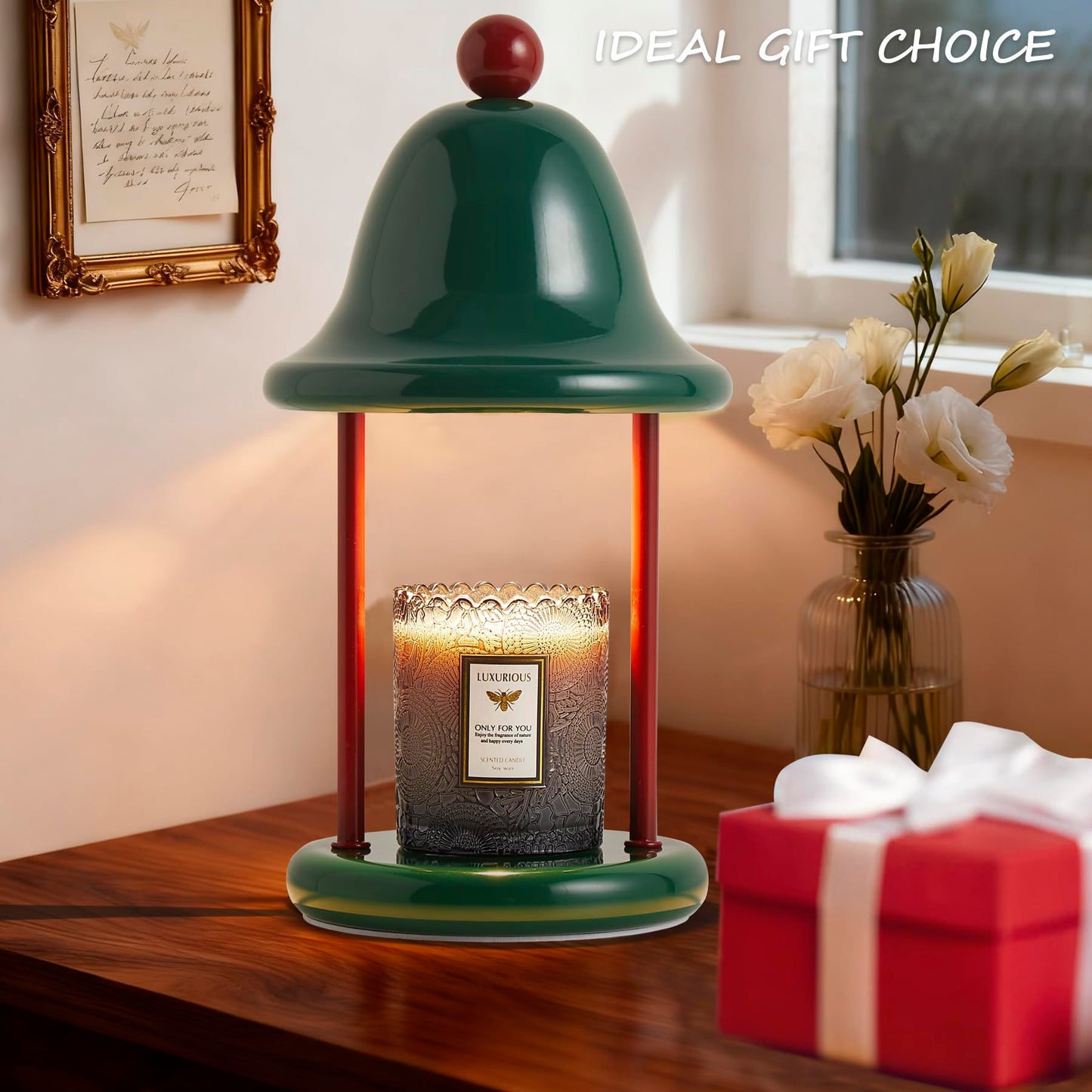 Mahbahole Bell Candle Warmer Lamp with Timer Dimmable, Bedroom House Office Aesthetic Living Girls Room New Home Decor, Christmas Birthday New Year Gifts for Women Mom - Green & Red