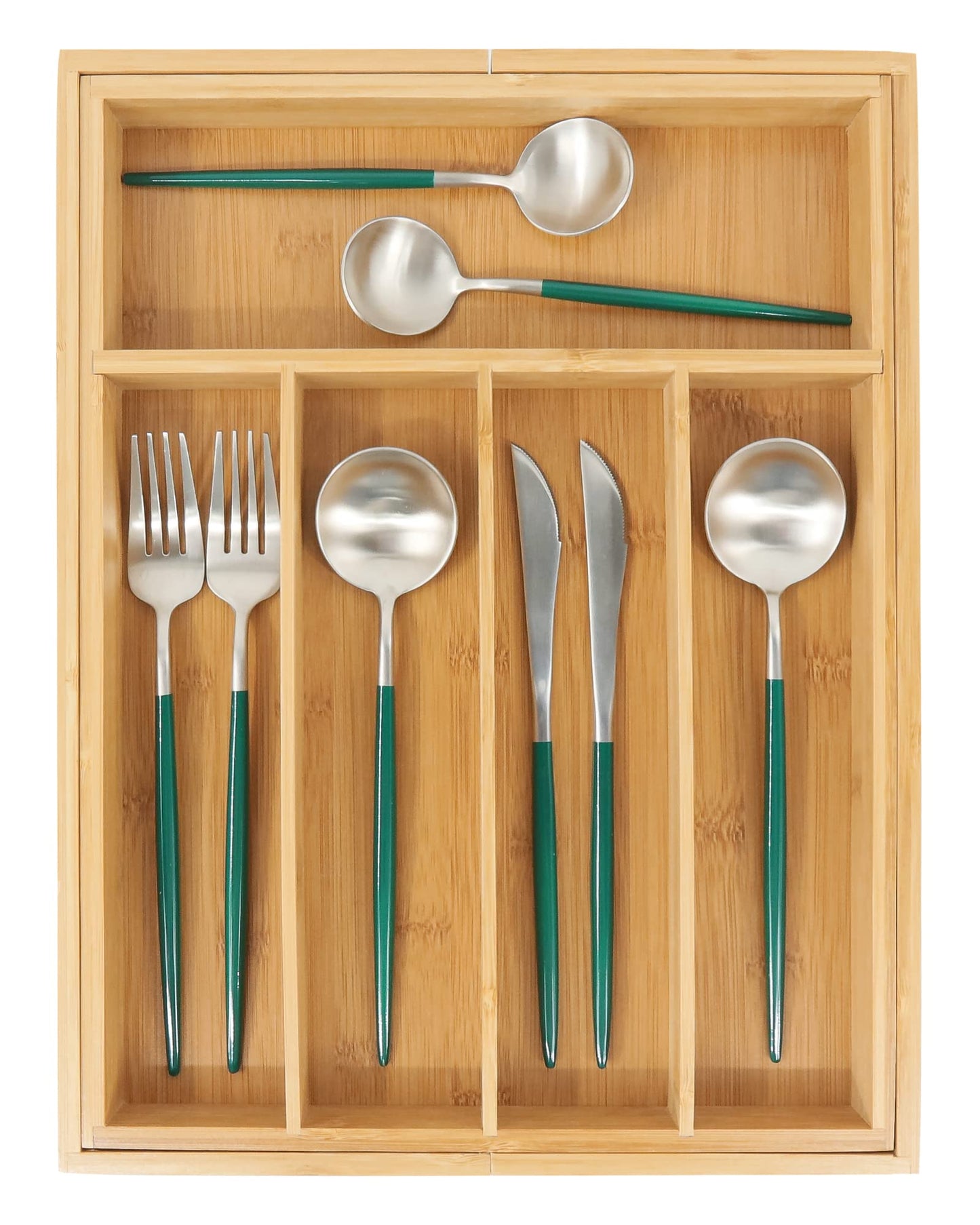 VaeFae Bamboo Drawer Organizer, Expandable Silverware Drawer Organizer, Cutlery Tray with Dividers for Kitchen Utensils, Medium