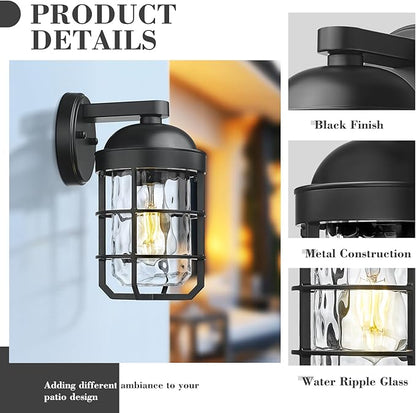 Emliviar 1-Light Porch Wall Lantern with Metal Cage, Outdoor Sconce Wall Mounted Lighting with Water Ripple Glass, Matte Black Finish, GE255BL BK-WG