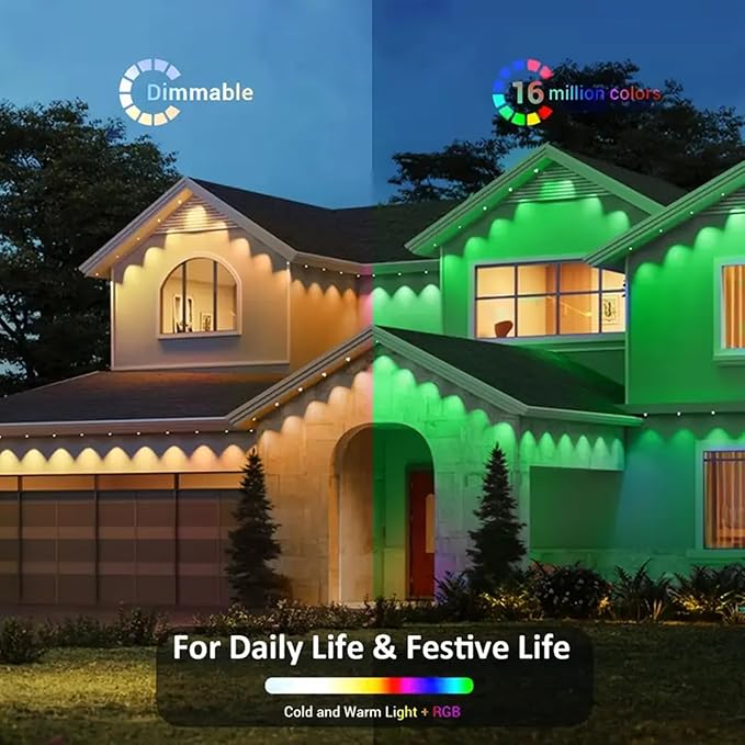 200FT Permanent Outdoor RGB Lights,IP67 Waterproof Smart LED Eaves Lights with App/Remote Control,for Christmas and All Holiday Decor,Daily and Accent Lighting,House Roof and Garden Lighting