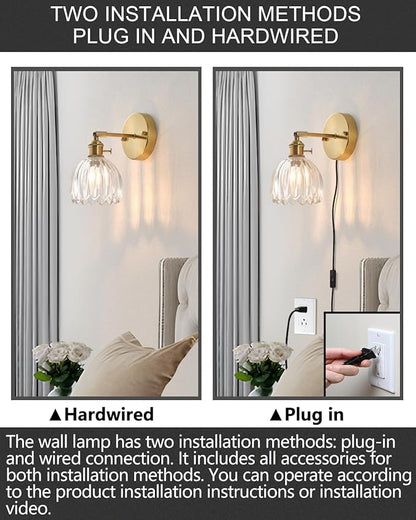 Plug in and Hardwired Wall Sconces, Luxury Vintage Tulip Crystal Glass Shade Wall Light with Switch for Bedside Bedroom Living Room (Tulip-Clear, 1)