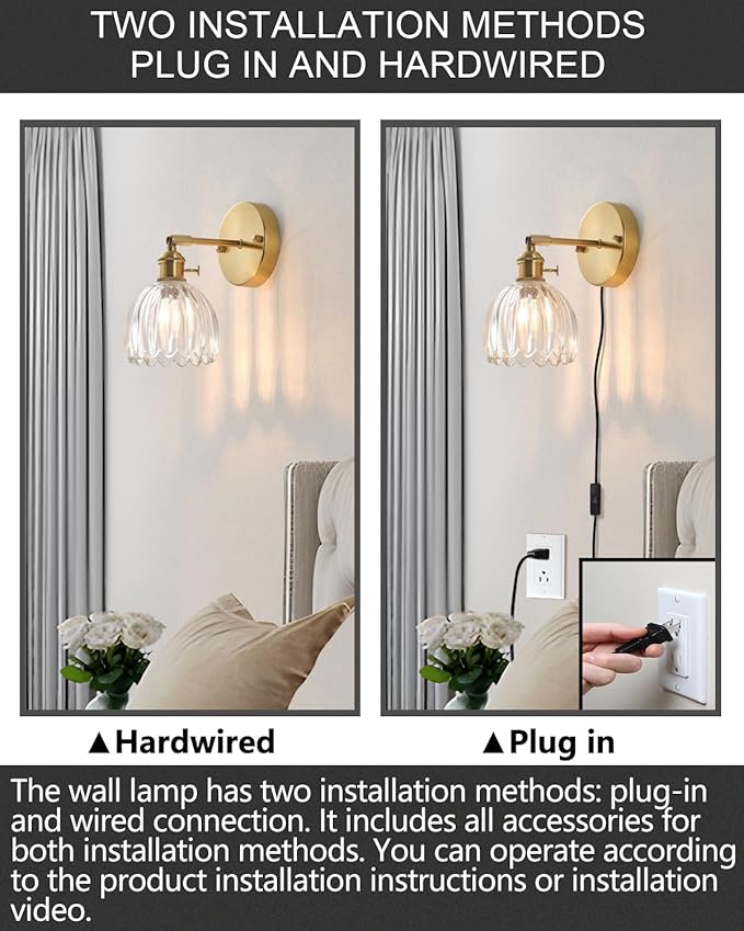 Plug in and Hardwired Wall Sconces, Luxury Vintage Tulip Crystal Glass Shade Wall Light with Switch for Bedside Bedroom Living Room (Tulip-Clear, 2)