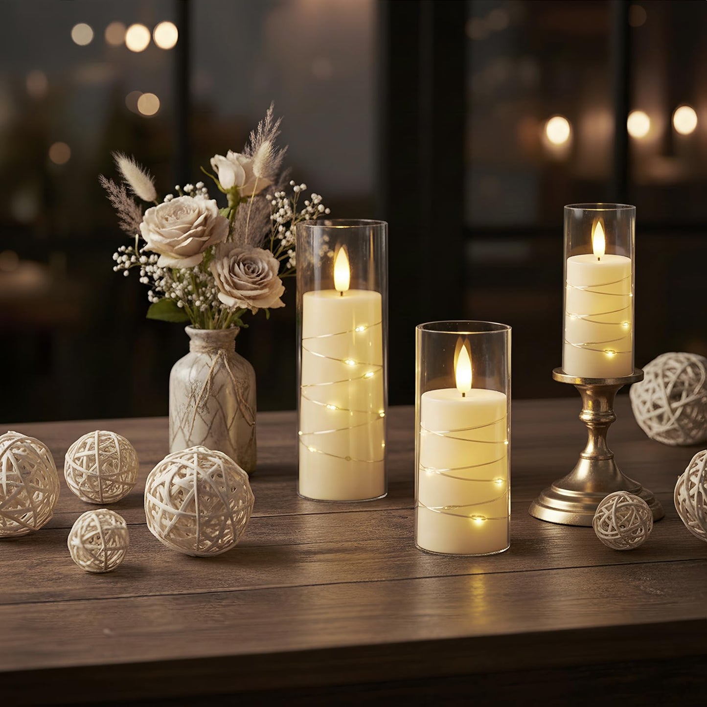 Raycare Flameless Candle with Remote Timer, 3 Flickering Acrylic Battery Operated LED Pillar Candles with Embedded Star String for Christmas, Wedding, Home Table Decor, and as a Gift (Ivory White)