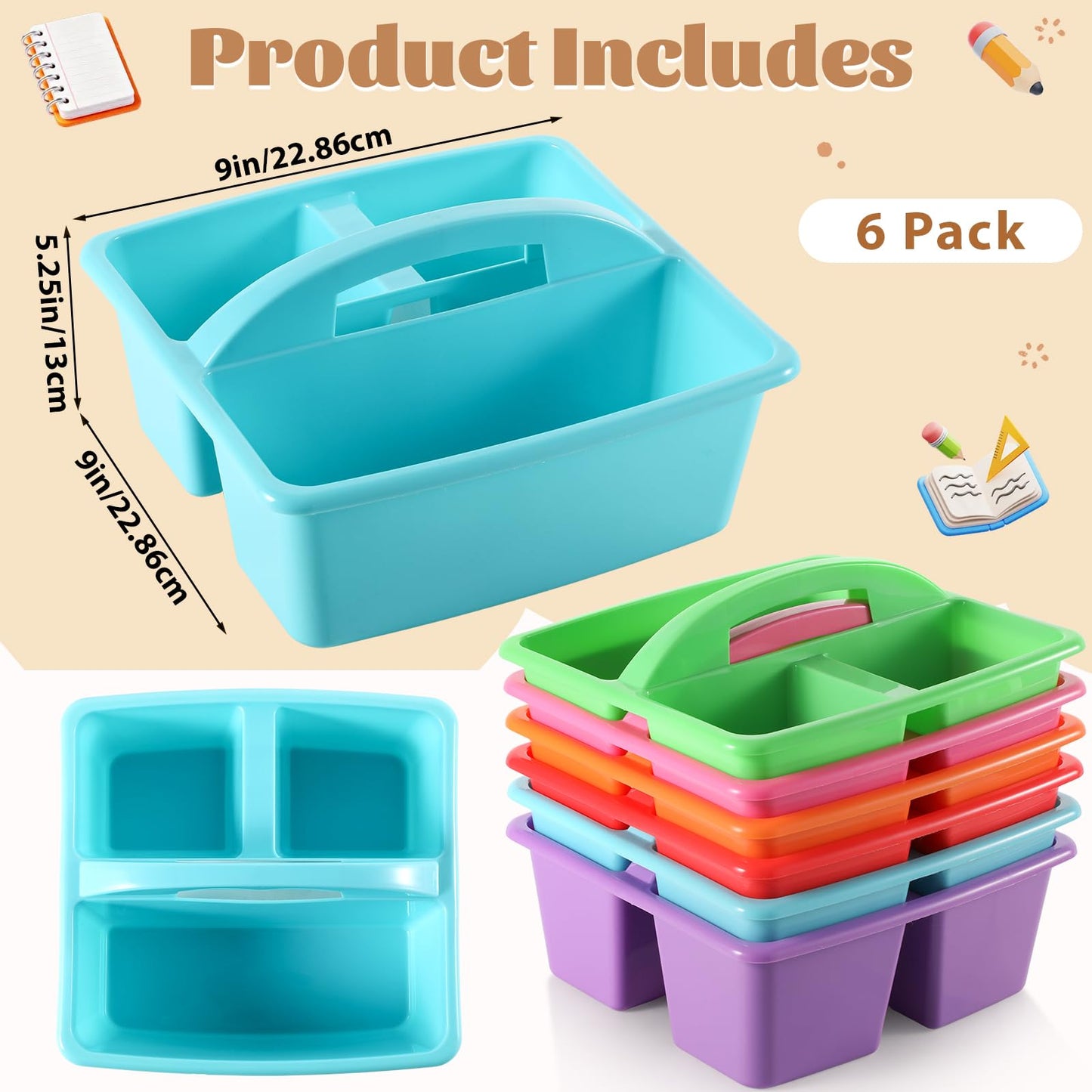 6 Pack 3 Compartment Small Caddy Plastic Classroom Organizer with Handle Portable Teacher Supply Storage Caddy Craft Art Caddies for Pencil, Crayon, Marker, Home, Office, School Supplies(Classic)