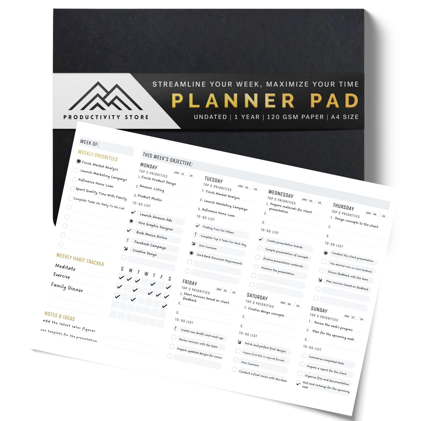 Productivity Store - Weekly Desk Planner Pad, 12-Month Productivity Planner, Tear-Out Deskpad for To-Do List, Productivity Tools for Time Management and Mindfulness, A4 Size, Black