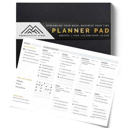 Productivity Store - Weekly Desk Planner Pad, 12-Month Productivity Planner, Tear-Out Deskpad for To-Do List, Productivity Tools for Time Management and Mindfulness, A4 Size, Black