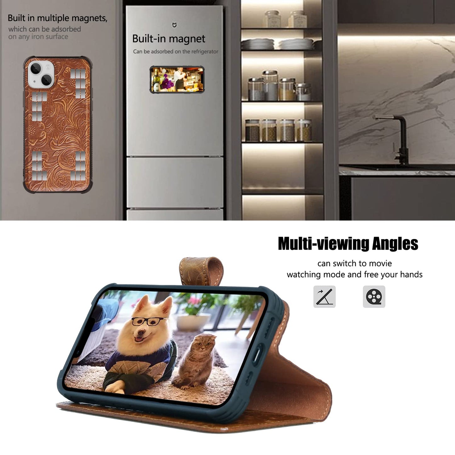 RMAWRAD Leather Case Compatible with iPhone 16 Pro Max Wallet 6.9",Genuine Leather 2in1 Magnetic Detachable Shockproof Kickstand,Flip Folio Cover with Card Slot,Wireless Charging RFID Blocking Brown