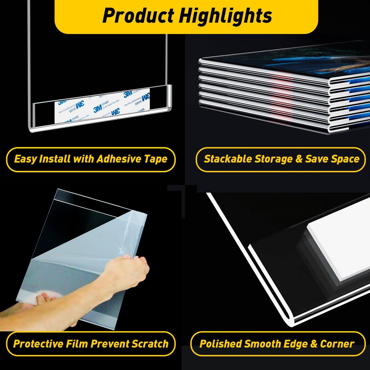 KSacry 12 Pcs Acrylic Sign Holder 8.5 x 11, Vertical Wall Mount Sign Holders with 3M Adhesive, Clear Plastic Frames Paper Display Sign Holders for Office, Home, Store, Restaurant - No Drilling