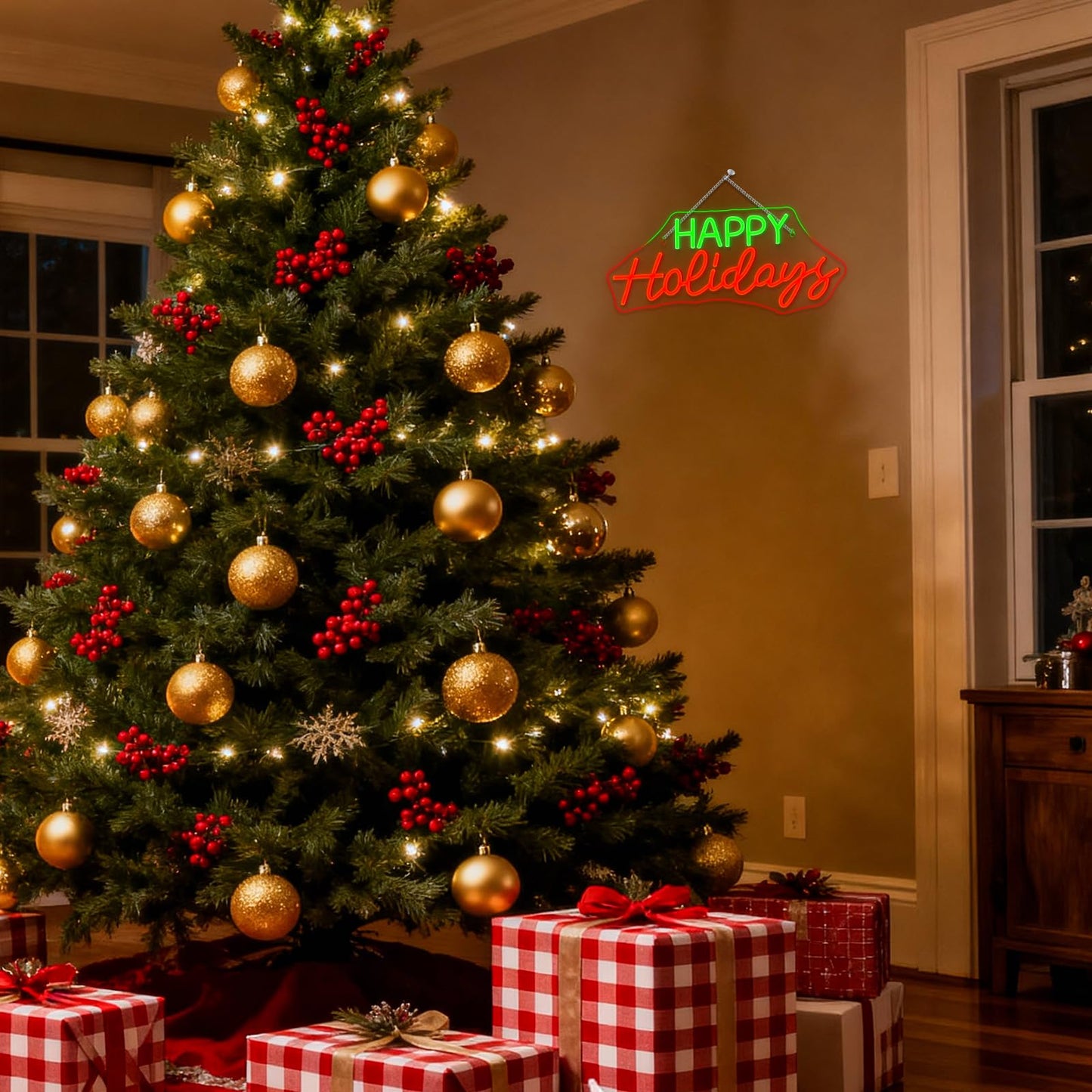 Horseneon Red Happy Holidays Neon Sign Merry Christmas Neon Signs for Wall Decor Christmas Tree Neon Light LED Sign with USB Powered for Party, Windows, Home Decor, Bedroom, Living room Warm