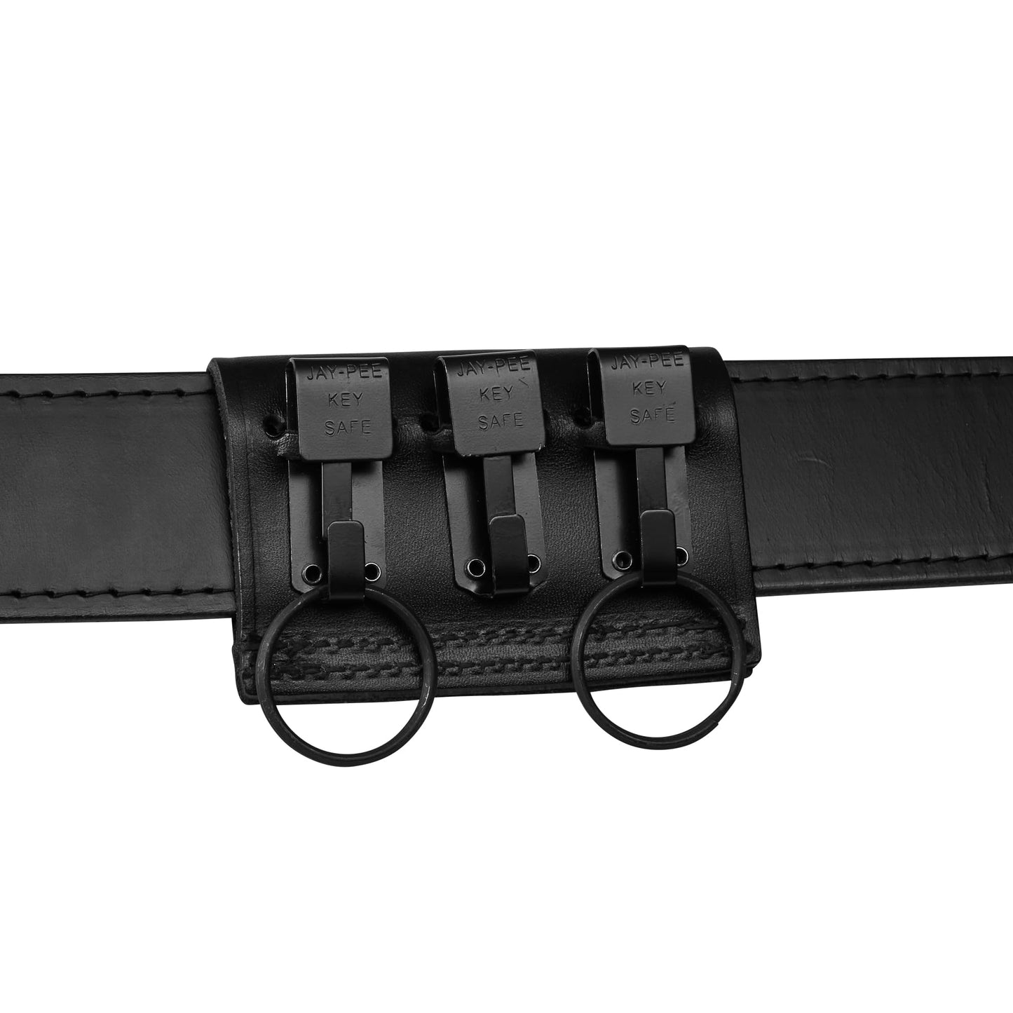 Jay-Pee Black Leather Duty Belt Key Holder, Officer Accessory, Law Enforcement Ring Carrier, Tactical Belt Loop Keychain for Security with 3 Black Detachable Key Ring Safety Hook for up to 2.25" Belts