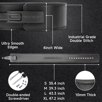 MANUEKLEAR 10mm Thick & 4inch Wide Weight Lifting Belt Lever, Lever Belt Weightlifting for Men and Women, Powerlifting Lever Gym Belt for Squat Deadlift Workout (Black, L(34-40inches))