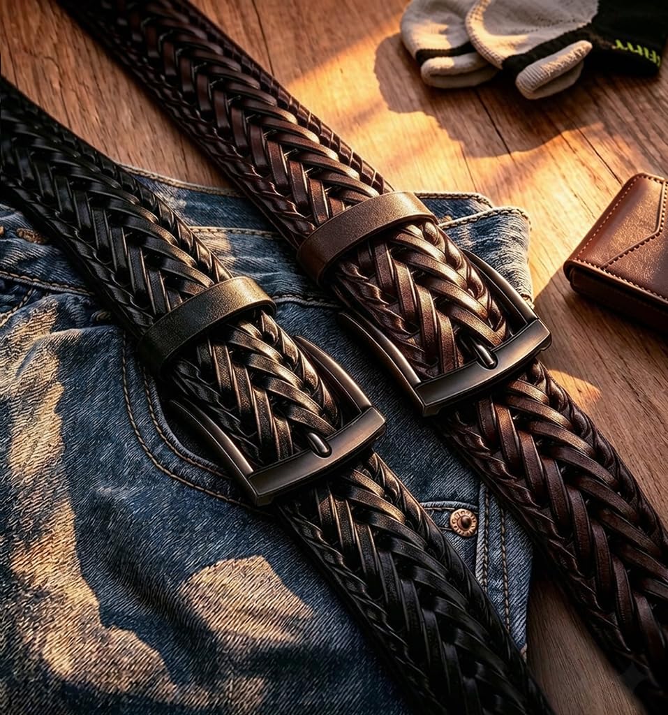 BULLIANT Men Belt 2Pack,Braided Woven Leather Belt For Men Golf Casual Jeans 1 3/8"(Black/Deep Brown,26"-30" Waist Adjustable)