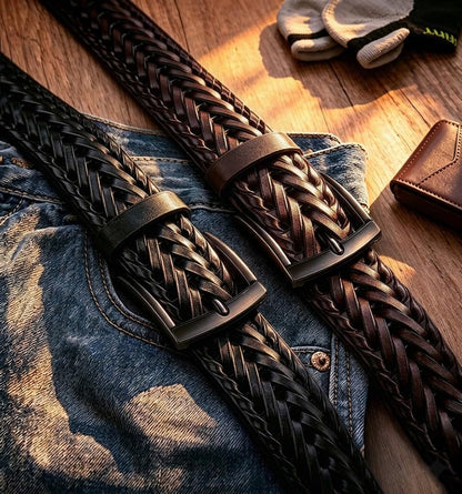 BULLIANT Men Belt 2Pack,Braided Woven Leather Belt For Men Golf Casual Jeans 1 3/8"(Black/Deep Brown,26"-30" Waist Adjustable)