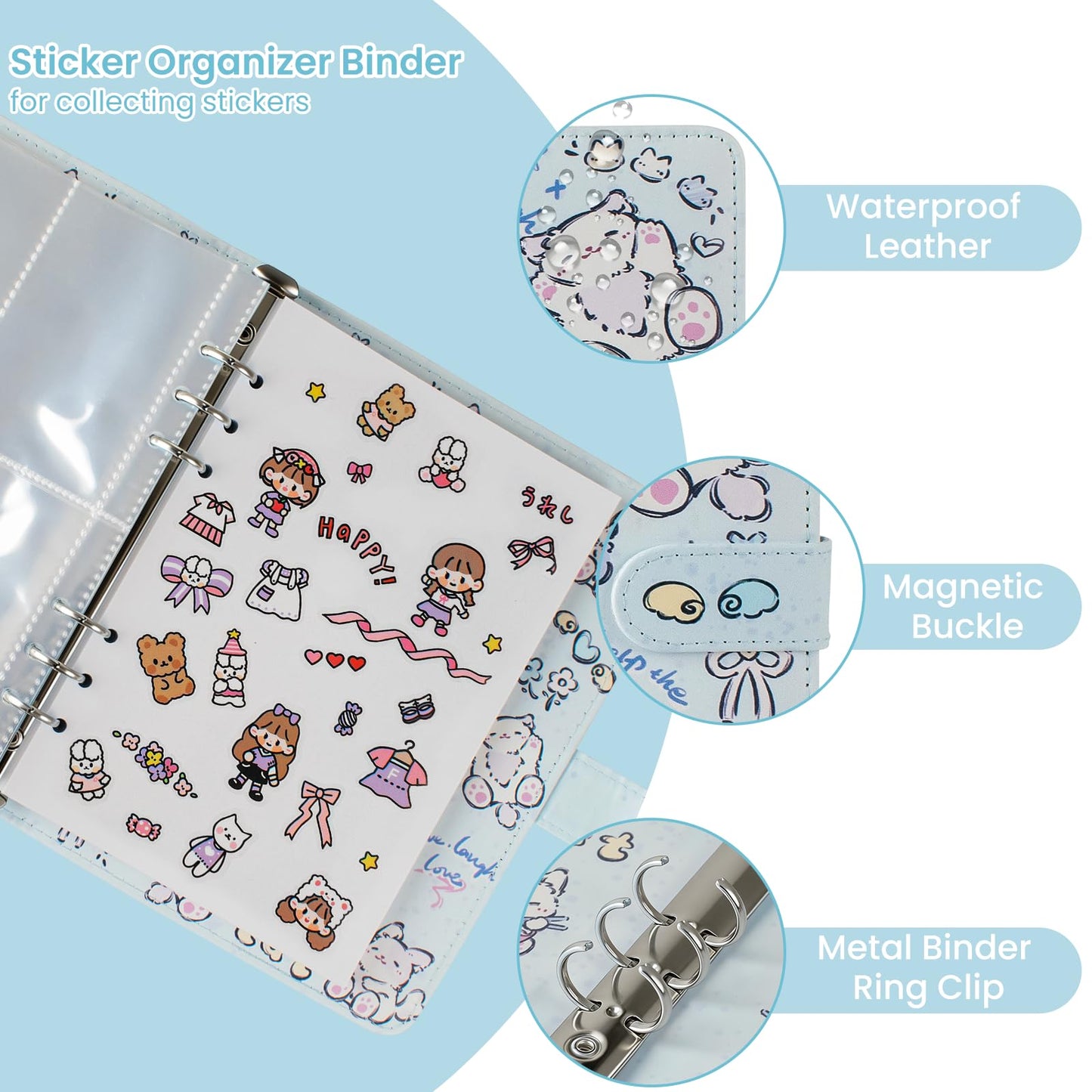 Reusable Sticker Book Collecting,A5 Binder Album Storage Organizer with Blank Release Paper and Pocket for Adult Kids,Cartoon Leather Binder Cover & Magnetic Buckle Closure(Blue)