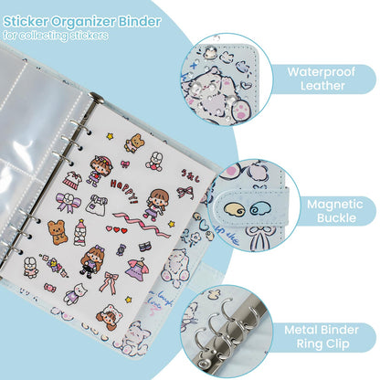 Reusable Sticker Book Collecting,A5 Binder Album Storage Organizer with Blank Release Paper and Pocket for Adult Kids,Cartoon Leather Binder Cover & Magnetic Buckle Closure(Blue)