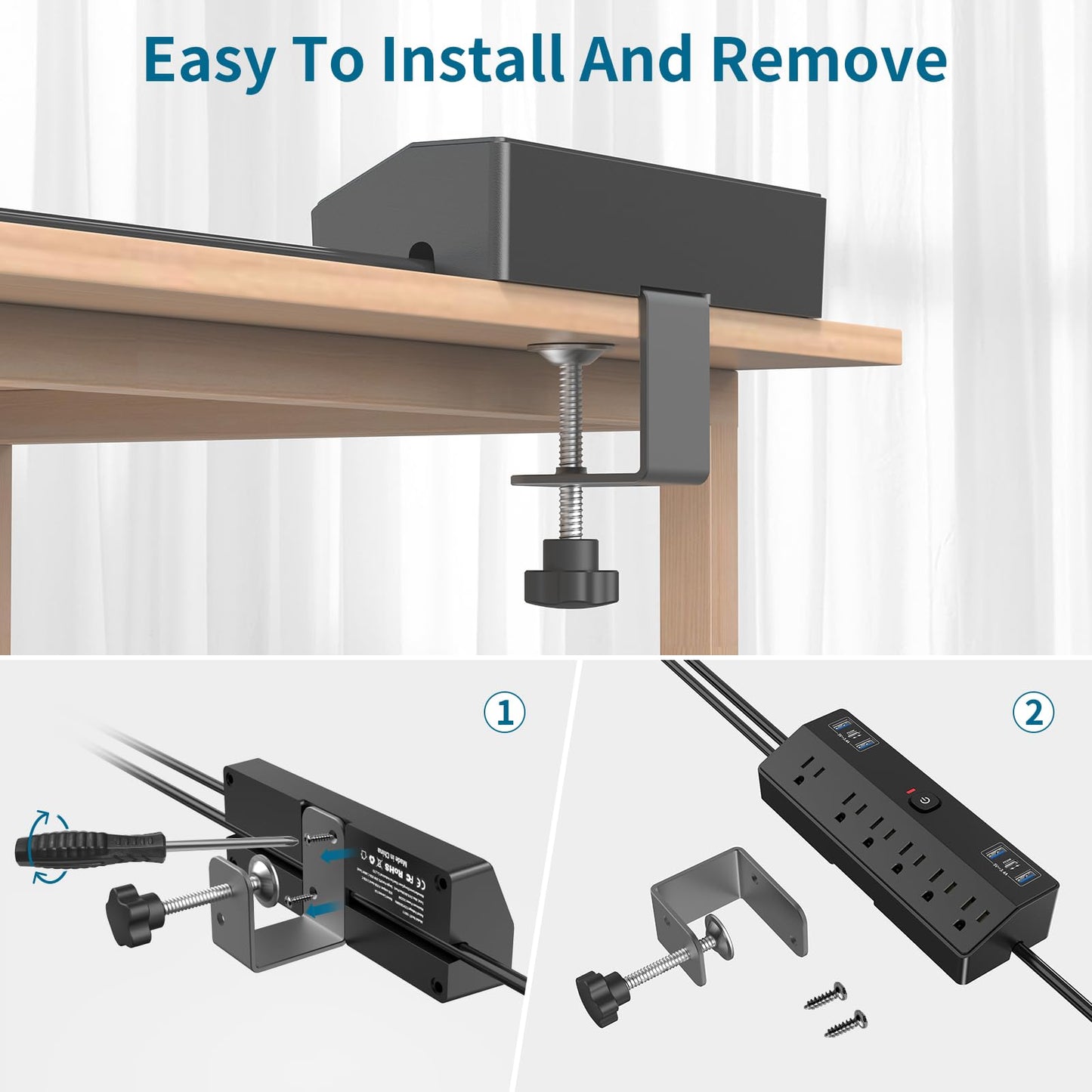 Desk Clamp Power Strip with 40W Fast Charging Station, JXGUCAT 10FT Flat Plug Desk Mount Power Strip Surge Protector, Removable Extension Cord with 2 USB-C Ports 6 Outlets, Fits 1.8" Tabletop Edge
