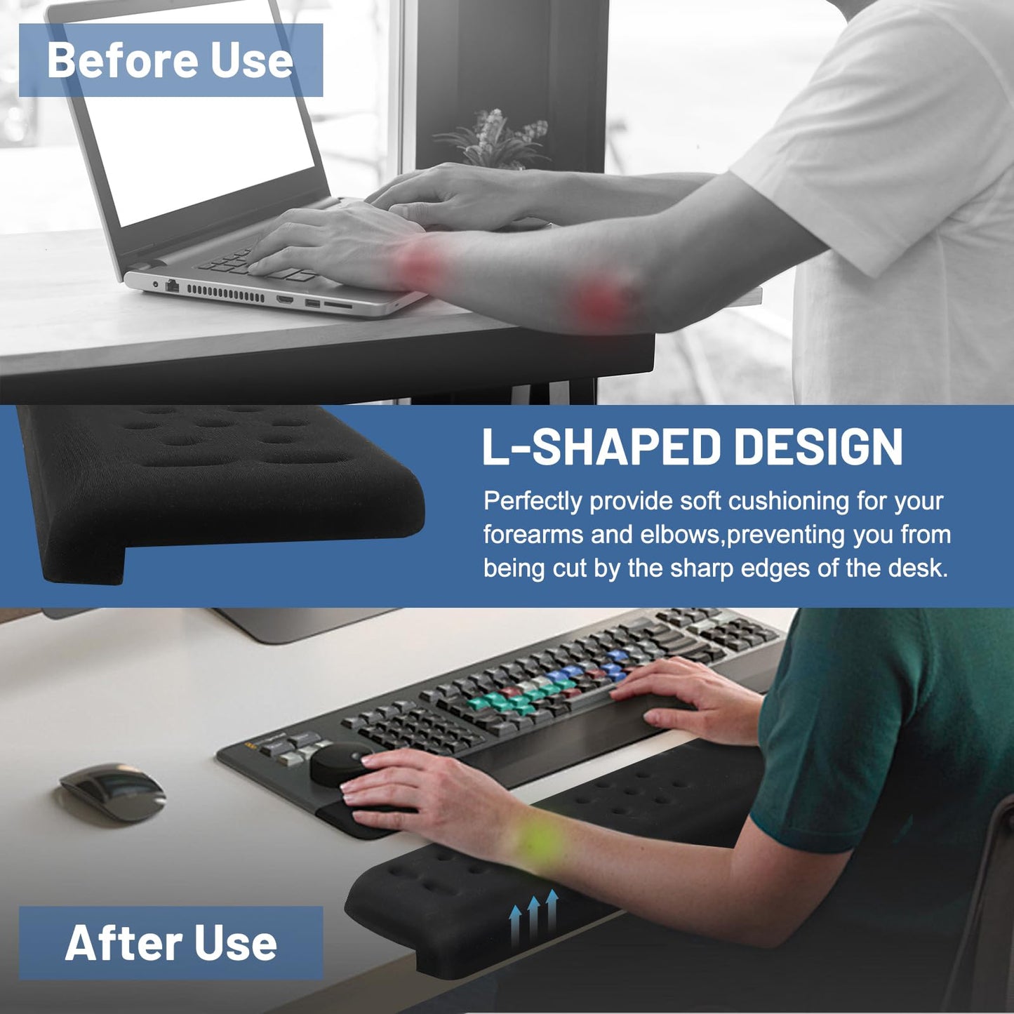 Full-Size Desk Edge Cushion, L-Shaped Desk Elbow Pad, Memory Foam Desk Arm Rest Pad for Forearms, Ergonomic Elbow Rest and Wrist Support for Desk (24 Inch)