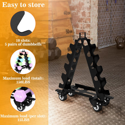 Dumbbell Rack 5 Tier with Wheels(Dumbbells not included),A-Frame Metal Dumbbell Holder with Handle,Multilevel Weight Storage for Dumbbells,Tree Shape Compact Weight Rack/Holder,Perfect for Home Gym