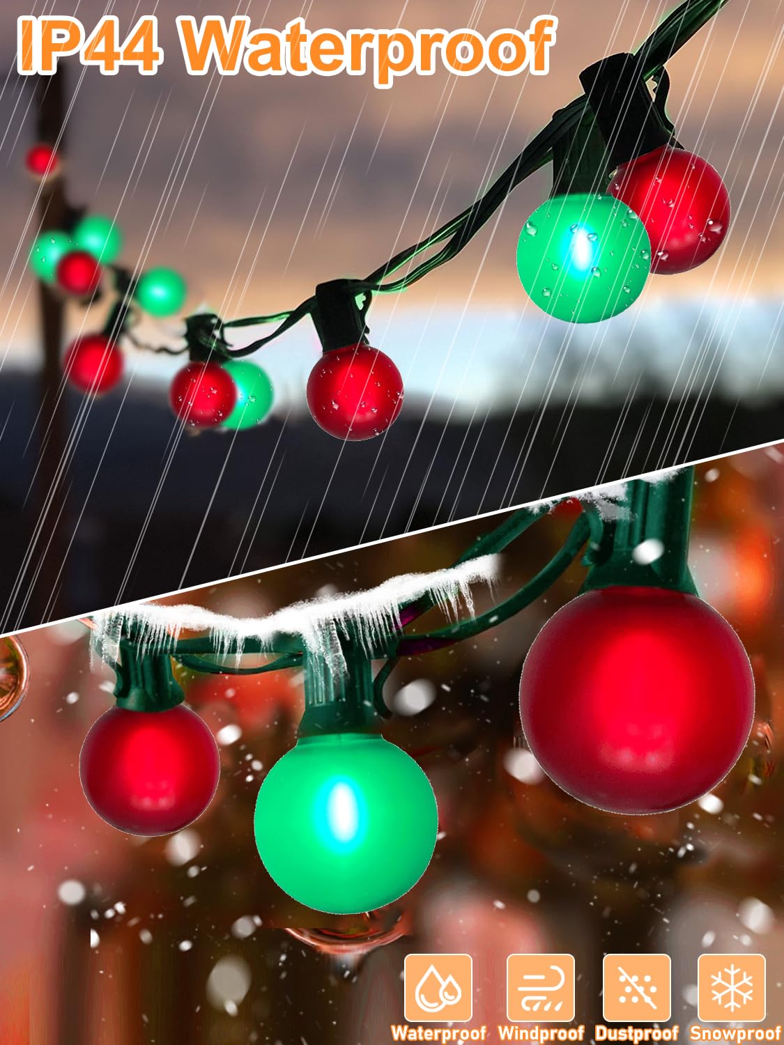 SUNSGNE 50FT G40 Round Christmas Lights Outdoor, Globe Christmas String Lights with 27 LED Frosted Red Green Lights(2 Spare) for Patio Balcony Roofline House Tree Decor, Green Wire