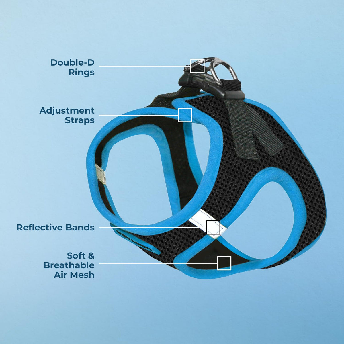Best Pet Supplies - All Weather Mesh, Reflective, No Pull Harness for Small, Medium Dogs, Cats - Secure with Hook & Loop Fastener, Buckle, Double D-Rings - Black/Blue Trim, M