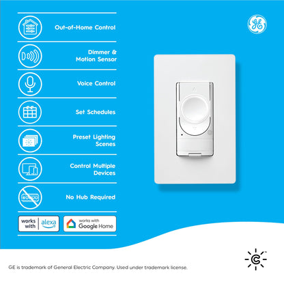 GE CYNC Smart Dimmer Light Switch & Motion Sensor, No Neutral Wire Required, Bluetooth and WiFi 3-Wire Switch, Works with Amazon Alexa and Google Home, White (1 Pack)
