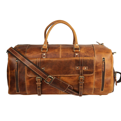 KomalC Leather Duffle Bags for Men and Women Travel Overnight Weekend sports bag holdall Gym Duffel for Men (Distressed Tan, 28 Inch)