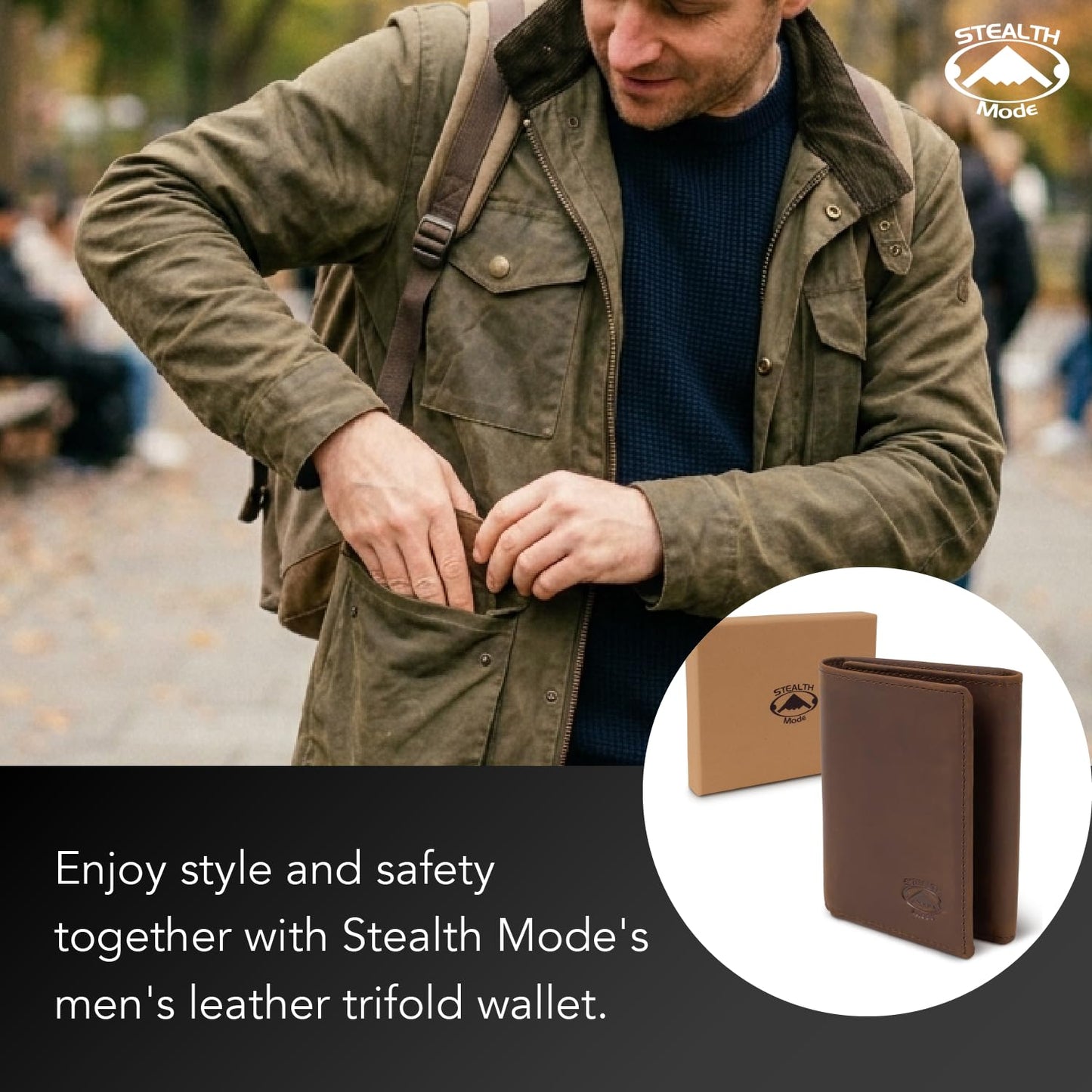 Stealth Mode Trifold Leather Wallet for Men with RFID Blocking (Brown)