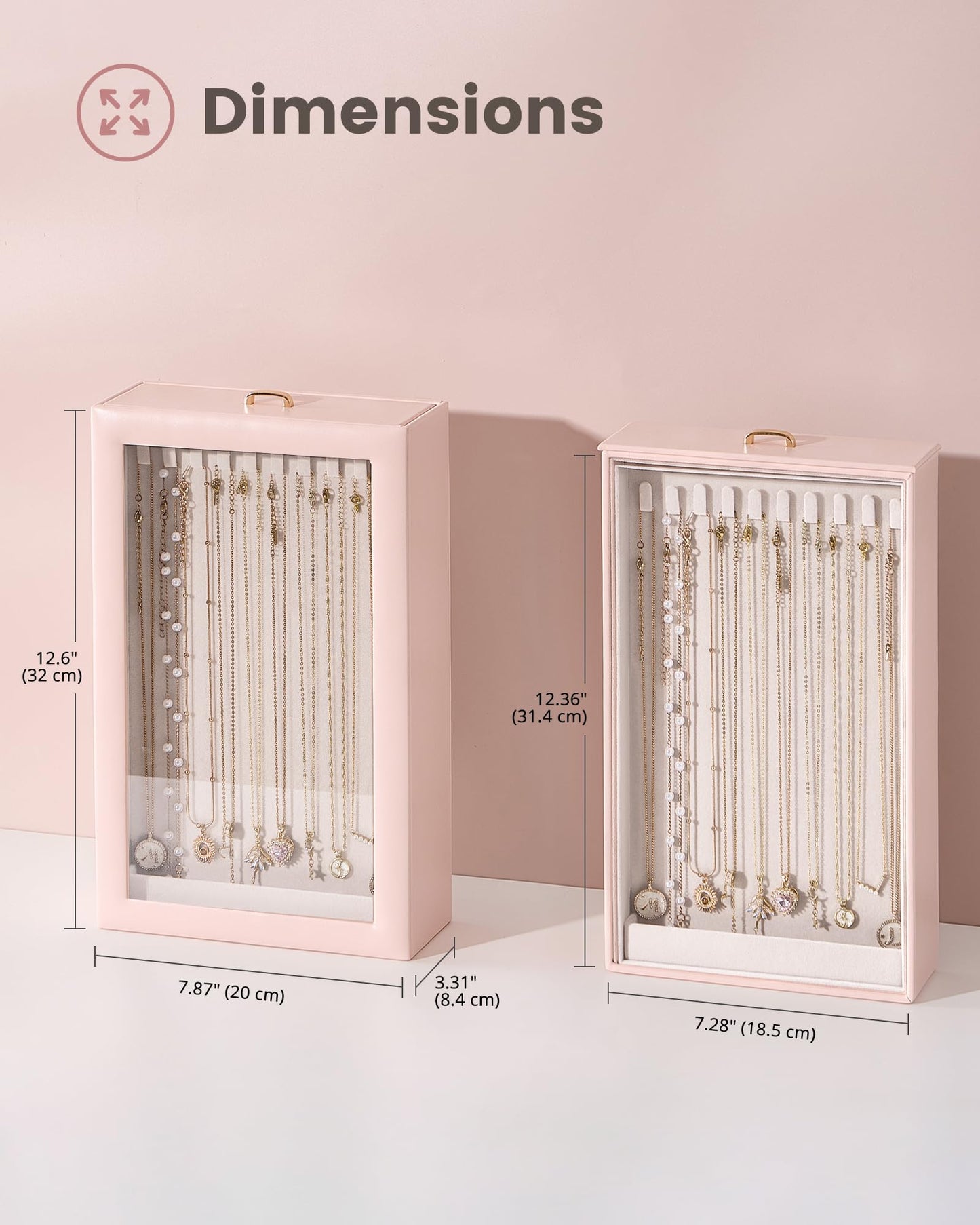 Lolalet Upgraded Double-Sided Hanging Necklace Organizer Box, Jewelry Display Case with Double-Sided Clear Window for Necklaces Bracelets, Tangle-Free Necklace Storage Box, Pink, 1-Layer 20 Hooks