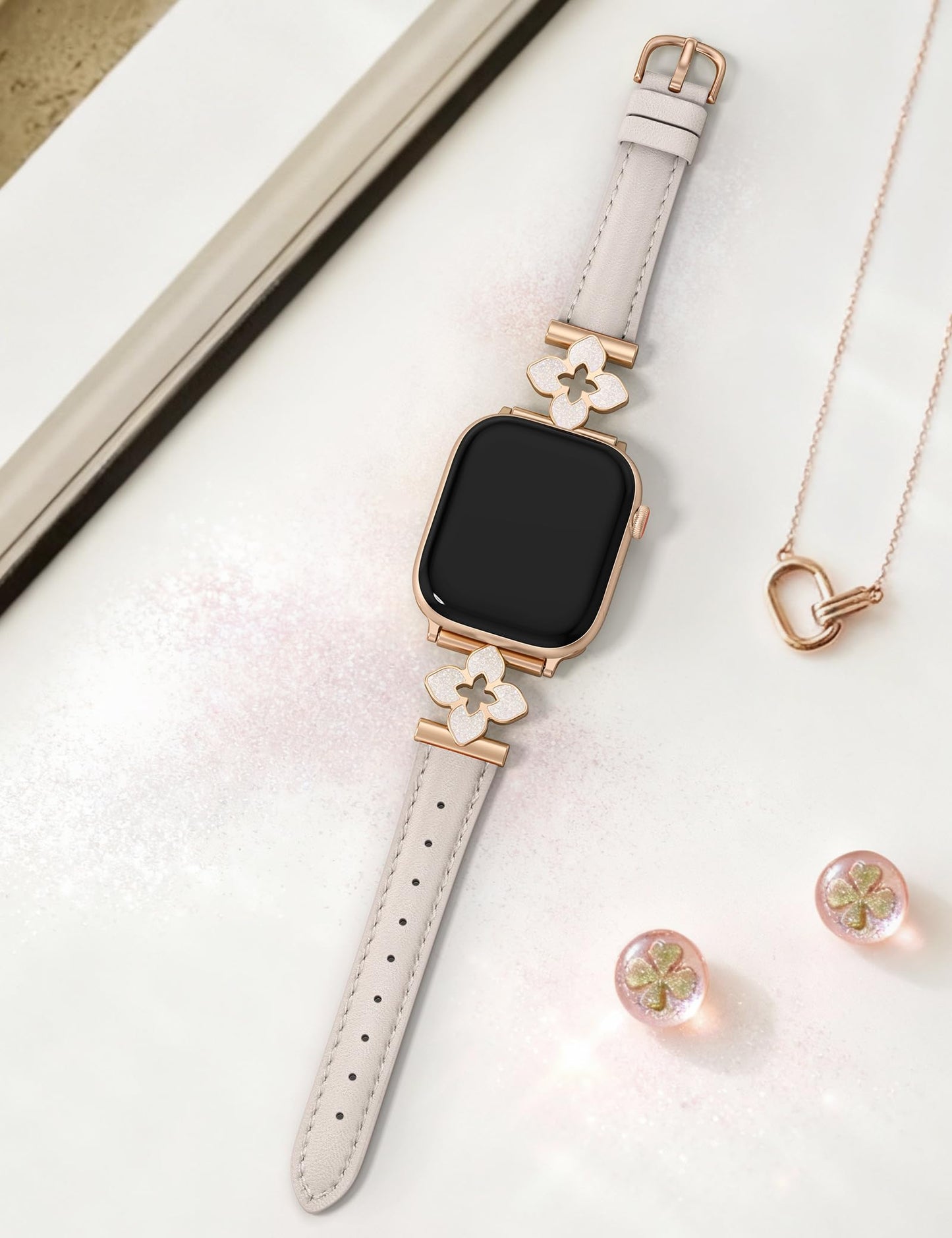 Minyee Compatible with Apple Watch Band 38/40/41/42mm Women, Dressy Chic Premium Soft Leather Strap with Dainty Flower Charm for iWatch Series 11 10 9 8 7 6 5 4 Ultra/SE 3 2 1, Starlight/Rose Gold