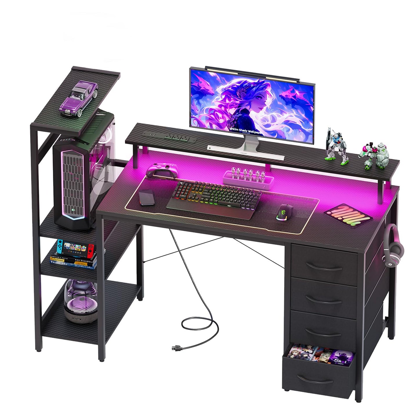 51 Inch Gaming Desk with Power Outlet and LED Lights, Computer Desk with 4 Drawers & Storage Shelves, Reversible Home Office Desk with Monitor Stand for Small Space Bedroom, Carbon Fiber Black