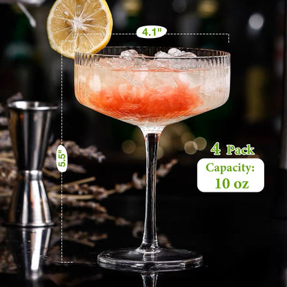 Qipecedm 4 Pcs Ribbed Coupe Glasses, 10 oz Vintage Coupe Glass Set, Unique Martini Glass, Classic Cocktail Galssware, Bar Drinking Glasses Set Pefect for Cocktail, Wine, Champagne & Gift