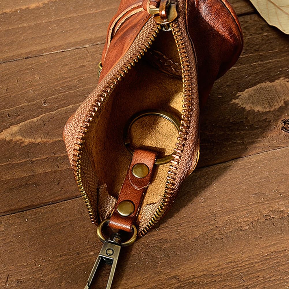 Yzikema 1 Pcs Leather Mini Medieval Pouch Keychain, Coin Organizer, Change Holder,Card Case, Genuine Leather Zipper Storage Bag for Men & Women
