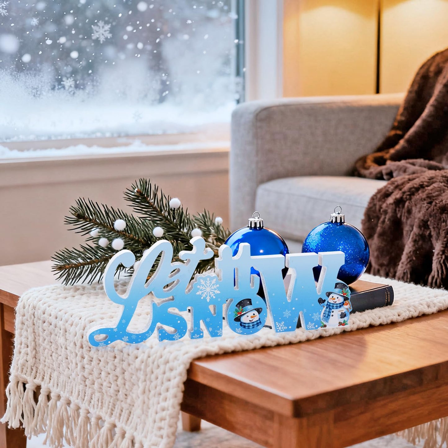 HOWAF 2pcs Wooden Winter Decor Signs, Let It Snow Tabletop Block Sign, Hello Winter Table Centerpiece, Snowflake Snowmen Ornaments for Winters Wonderland Decor Xmas Frozen Tiered Tray Decor