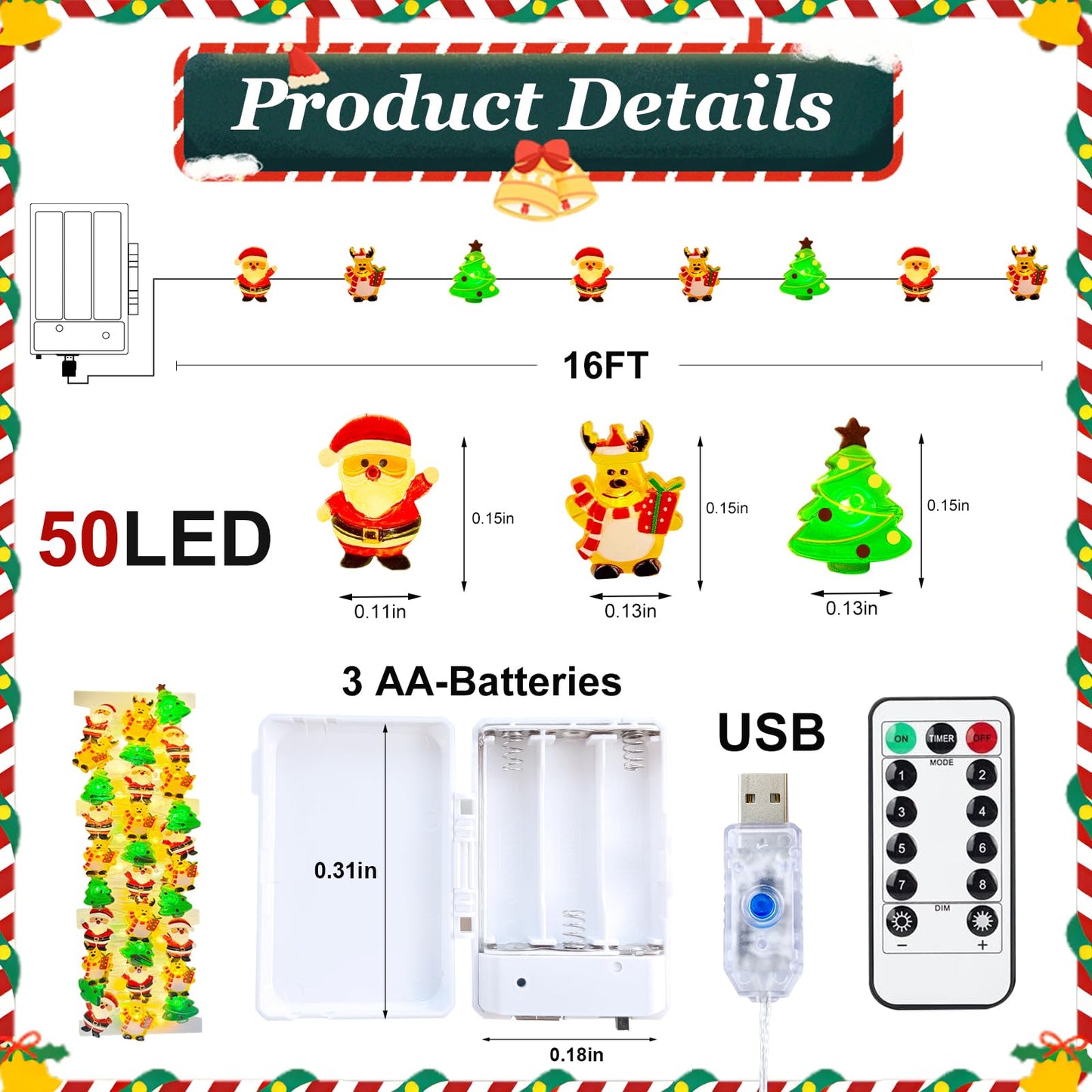 Yooumoga Christmas String Lights - 16FT 50 LED Santa Claus/Deer/Tree Fairy Lights, Battery/USB Powered with Remote & 8 Lighting Modes for Indoor Outdoor Xmas Tree Party Decor (1 Pack-USB)