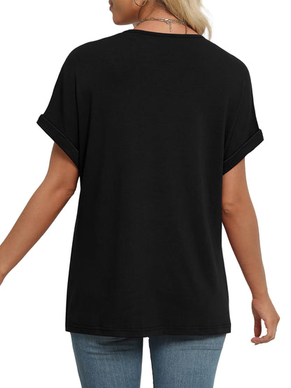 WIHOLL Womens Tops Short Sleeve Shirts Summer Outfits 2025 Fashion Trendy V Neck Dressy Casual Clothes Black S