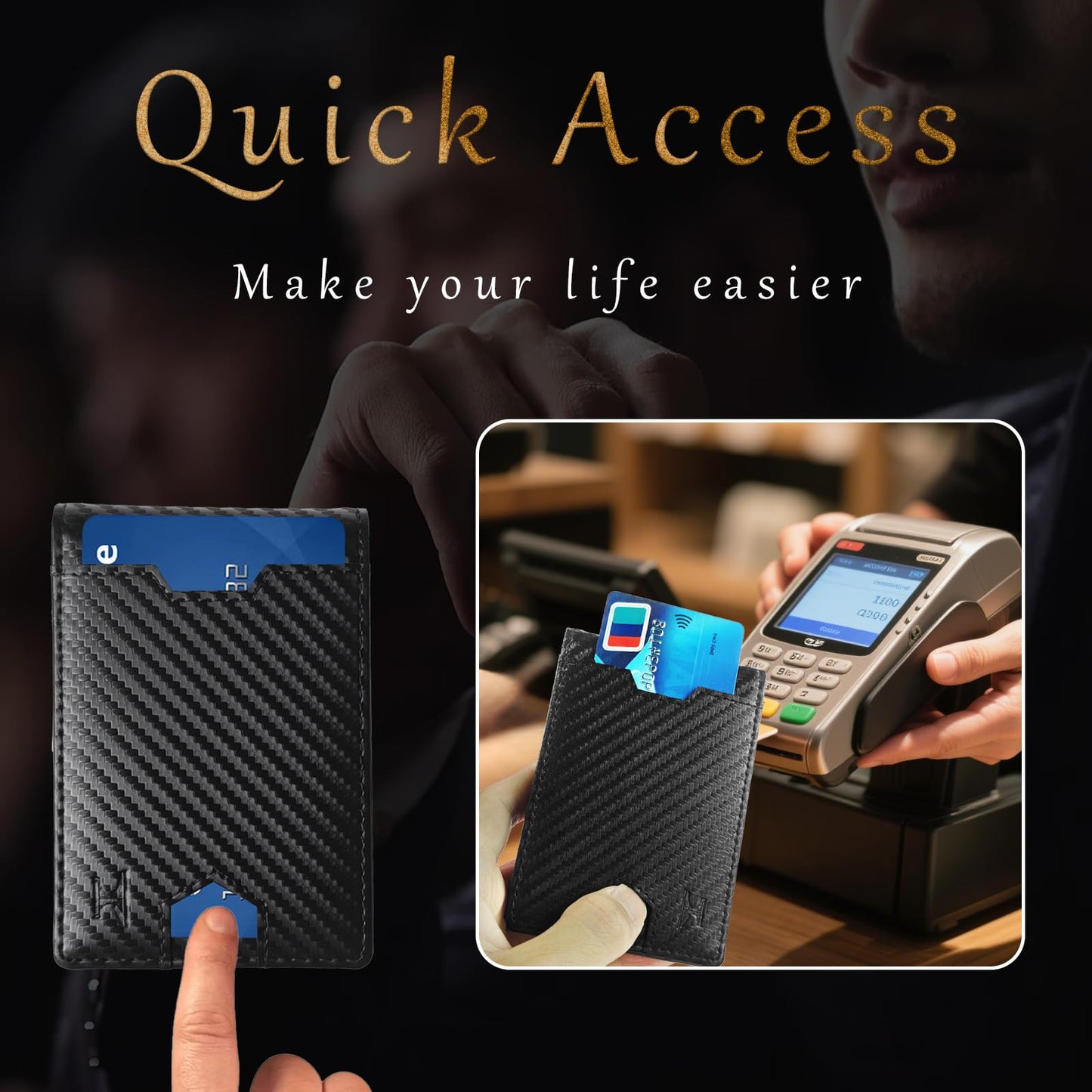 TOPFORGES RFID Wallet for Men with Money Clip (Removable) Slim Mens Wallet Carbon Fiber Front Pocket Minimalist Cash Card Holder Fits 11 Cards ID Window Includes Gift Box(Black